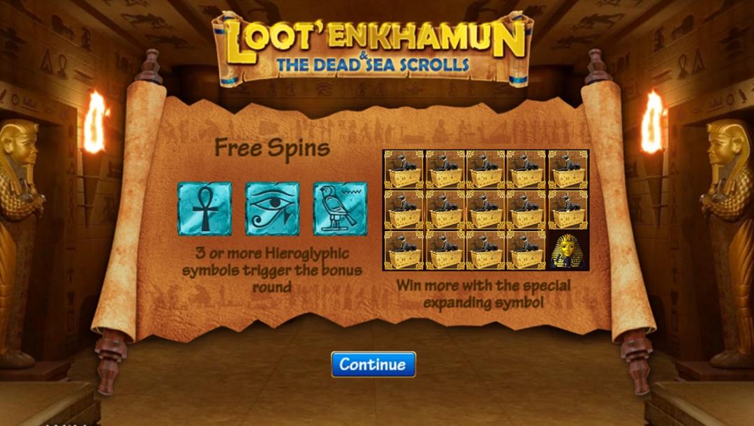Title page in online slot Loot’EnKhamun and the Dead Sea Scrolls by WIN Studios