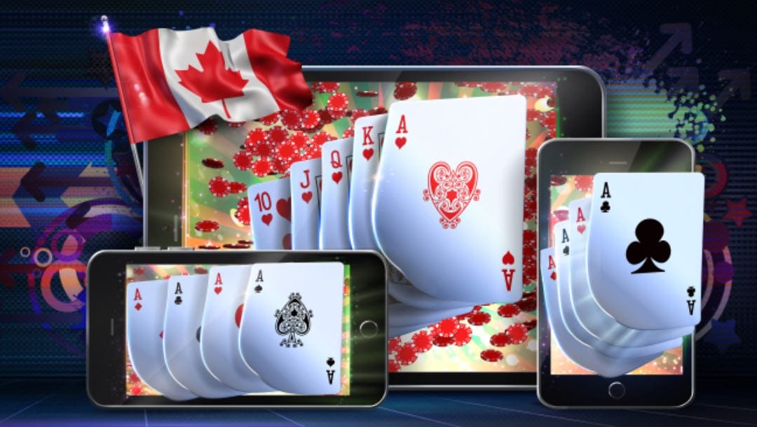 Online casino poker on different devices with the Canadian flag above them.