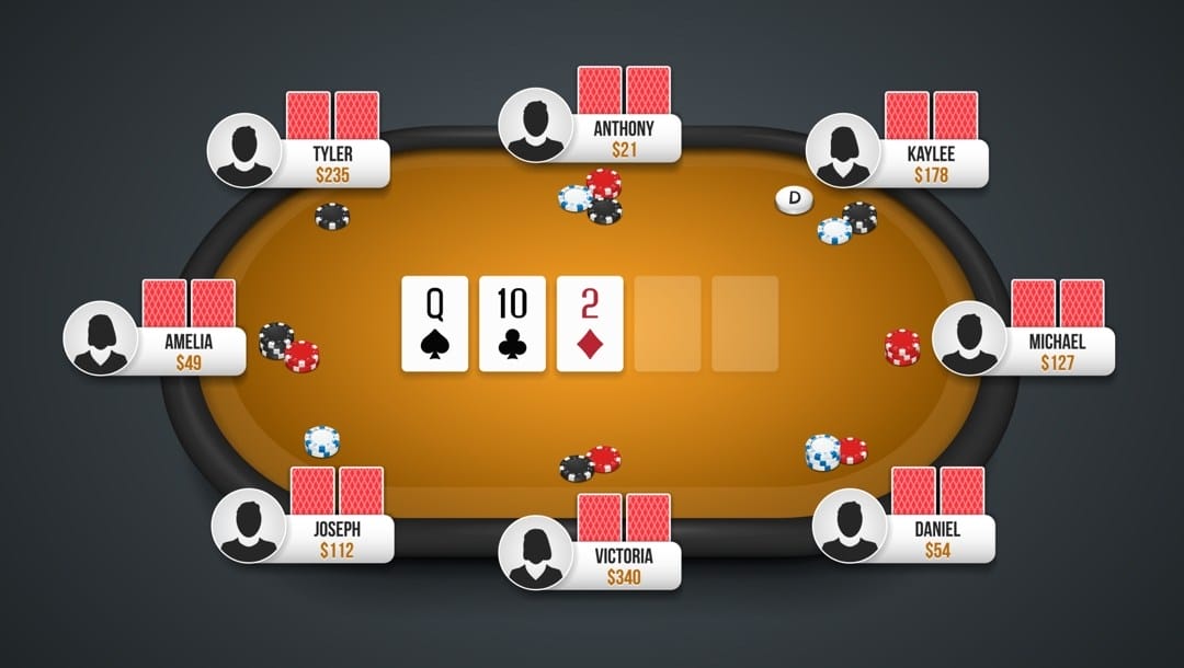 A mockup of an online poker game.