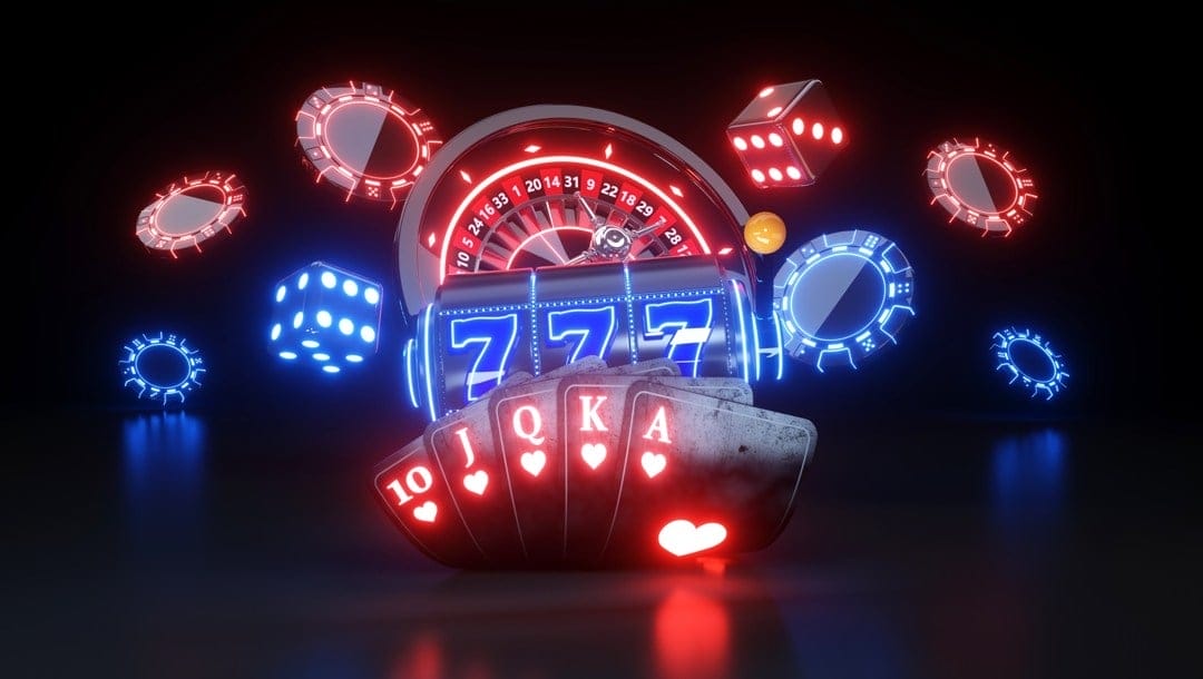 Different gambling games and items, all rendered in a neon style, including playing cards, a slot reel and a roulette table.