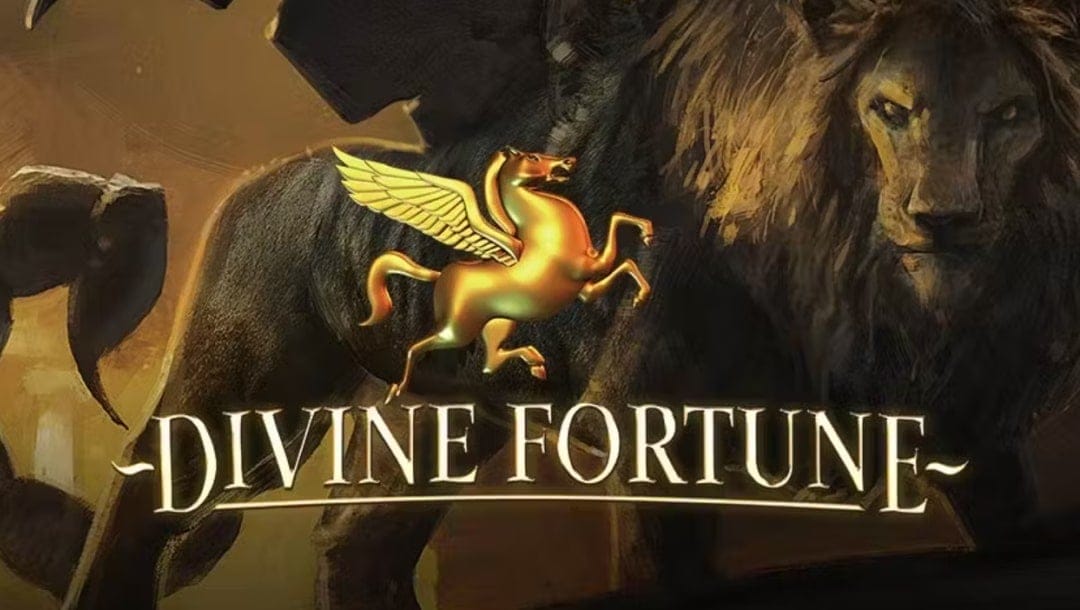 The title screen for Divine Fortune Touch featuring a golden Pegasus above the game logo with an angry Manticore standing on a in the background.