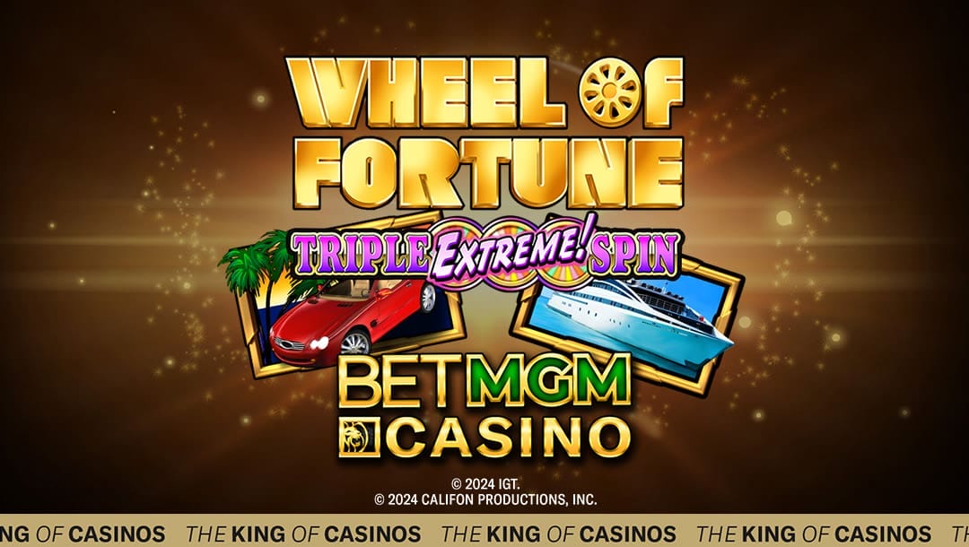 The logo for Wheel of Fortune Triple Extreme Spin above framed pictures of the game’s Car and Boat symbols and the BetMGM Casino logo, all on a dark background with sparkling gold details.