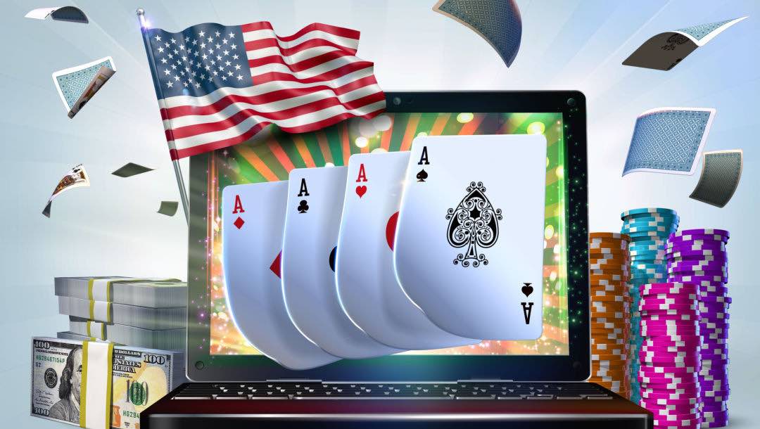 Vector illustration of playing cards on a laptop screen, surrounded by casino chips, stacked dollar notes and a US flag.