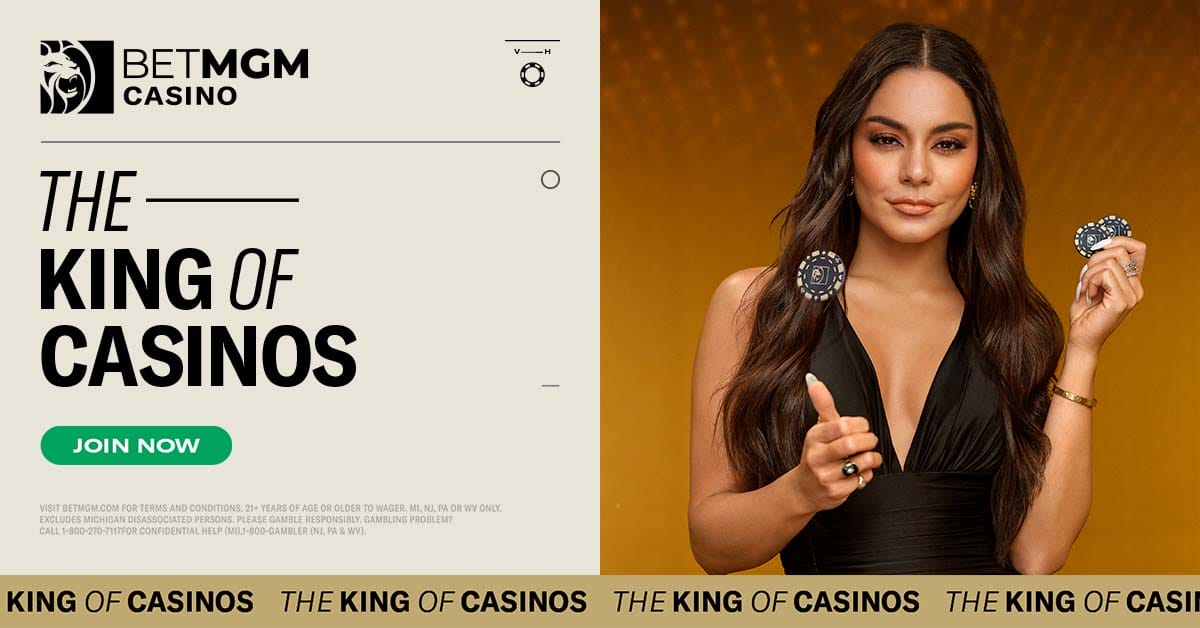 Actress Vanessa Hudgens flipping casino chips next to the text "The King of Casinos"