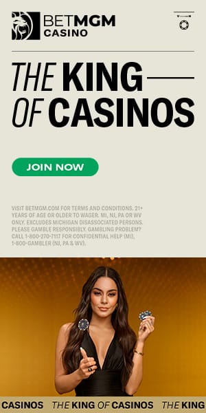 Actress Vanessa Hudgens flipping casino chips next to the text "The King of Casinos"