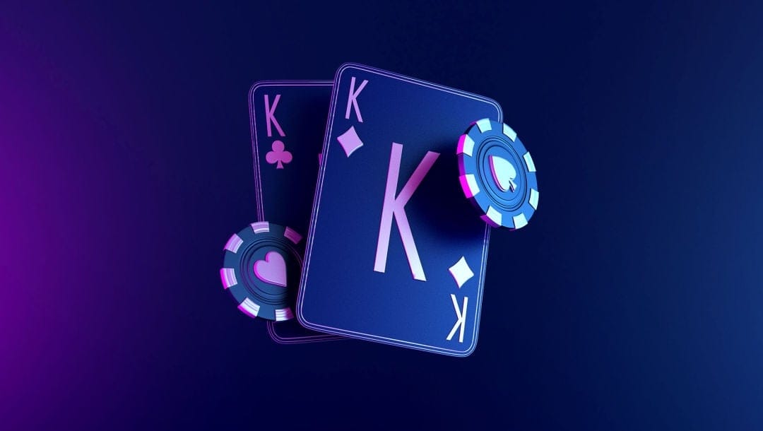 A 3D rendering of two playing cards and casino chips.