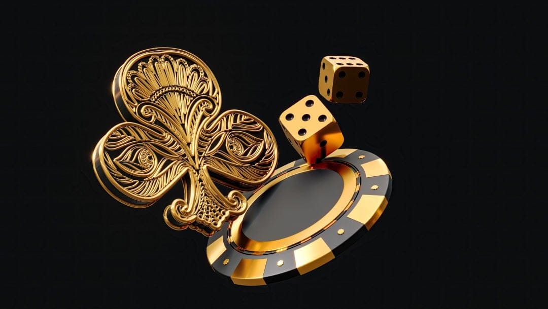 A stylized gold spade symbol, a black and gold casino chip, and two black and gold dice with a black background.