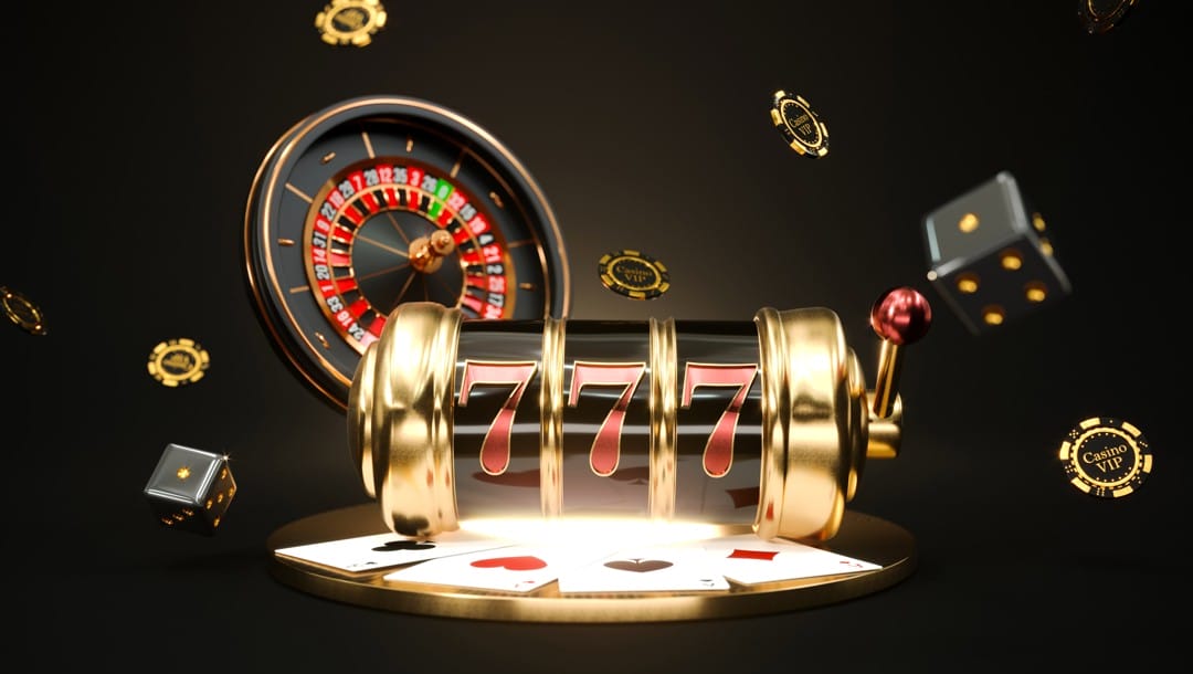 A roulette wheel, die and poker chips surround a slot reel displaying three red 7s.