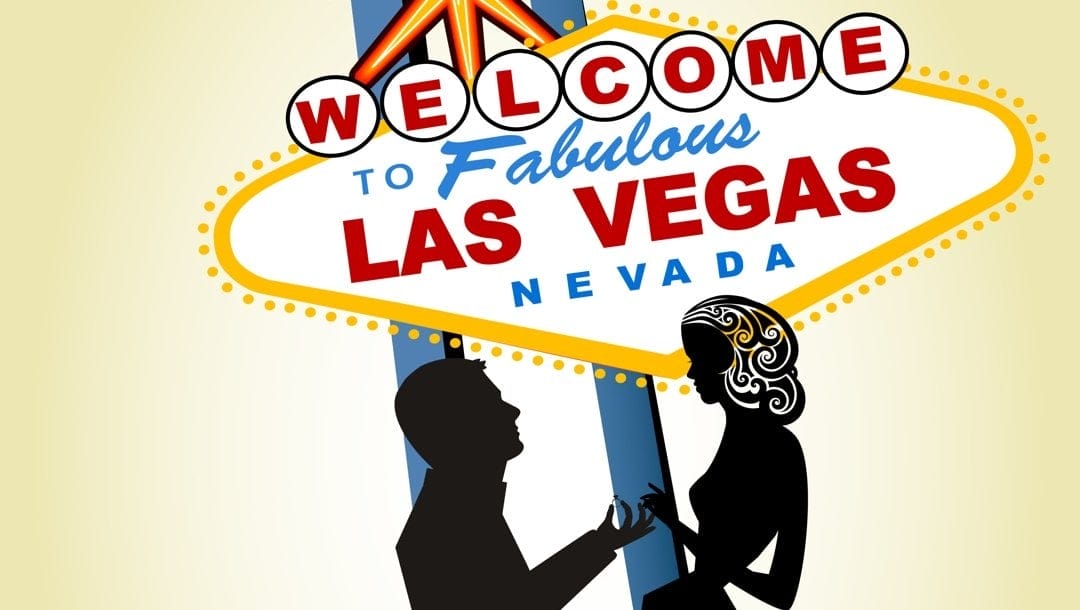 An illustrated silhouette of a man proposing to a woman in front of the “Welcome to Fabulous Las Vegas Nevada” sign.