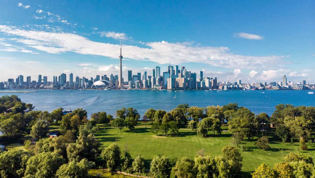 Toronto skyline and Lake Ontario aerial view.