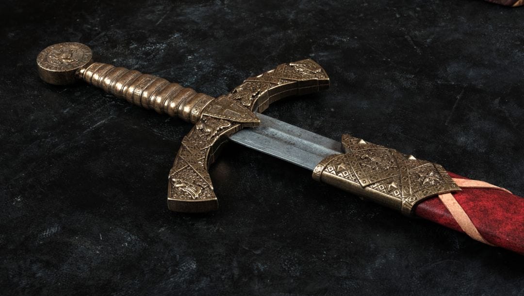 Closeup of ancient knight sword.