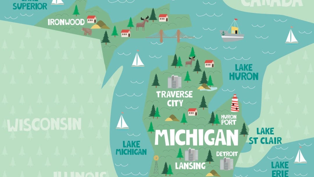 A graphic map of Michigan and its surrounding lakes.