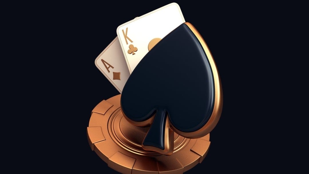 A 3D rendered image of the spade card suit with a poker chip, an ace of diamonds and a king of clubs behind it.