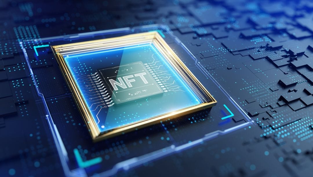 A 3D computer chip labeled “NFT” set in a painting frame against a background resembling a digital circuit board.