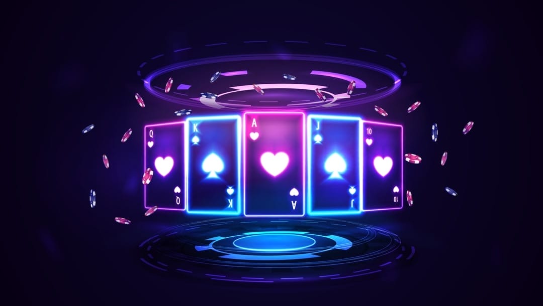 Five neon pink and blue poker cards float between two holographic circular shapes. The cards are surrounded by floating poker chips.