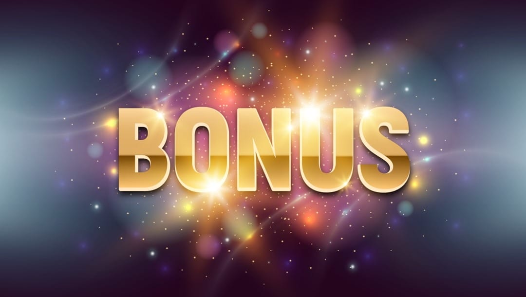 The word “Bonus” written in a golden font with lights around it against a cosmic space-themed background.