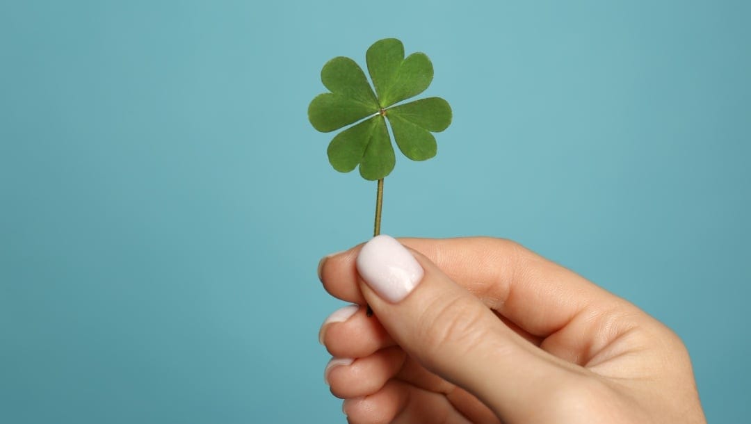 A hand holding a green four-leaf clover against a light blue background.