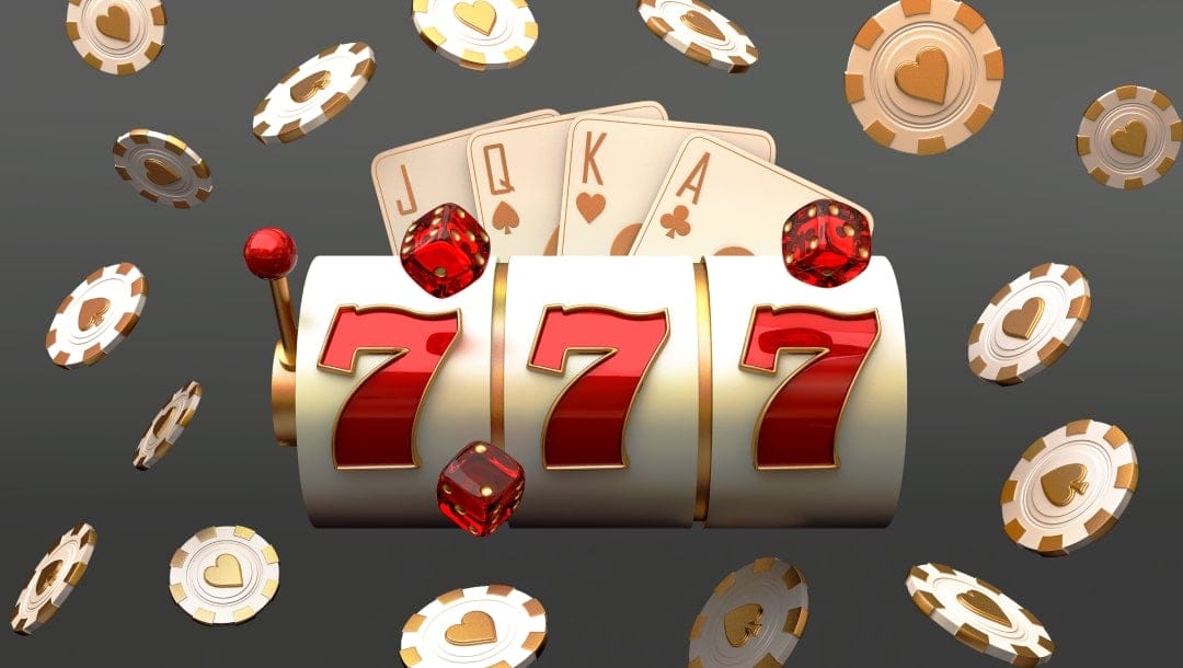 A 3D illustration of slot reels showing a winning combination of triple red sevens. The reels are surrounded by poker chips, red dice, and playing cards displaying a royal flush in hearts (10, J, Q, K, A) against a dark background.