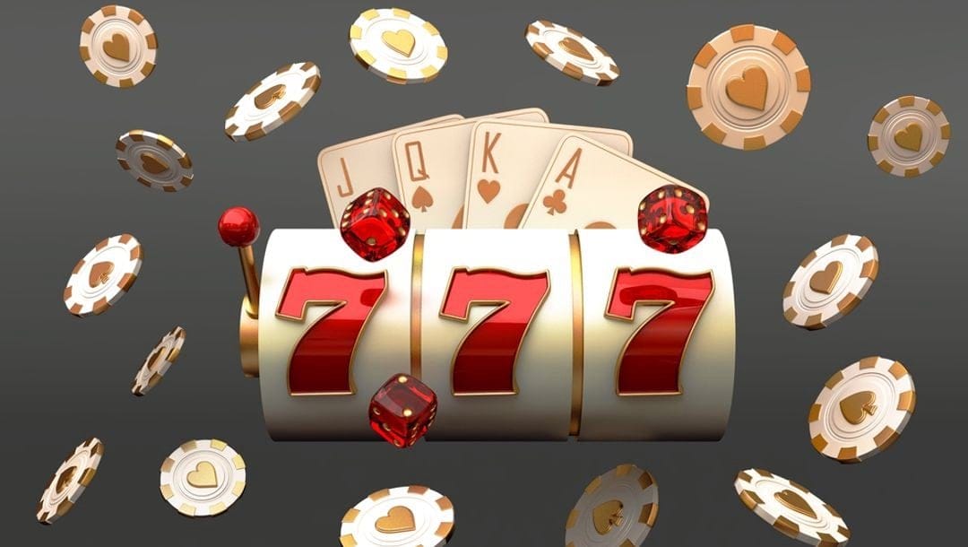 A slot featuring triple 7 symbols, surrounded by playing cards, dice and casino chips.