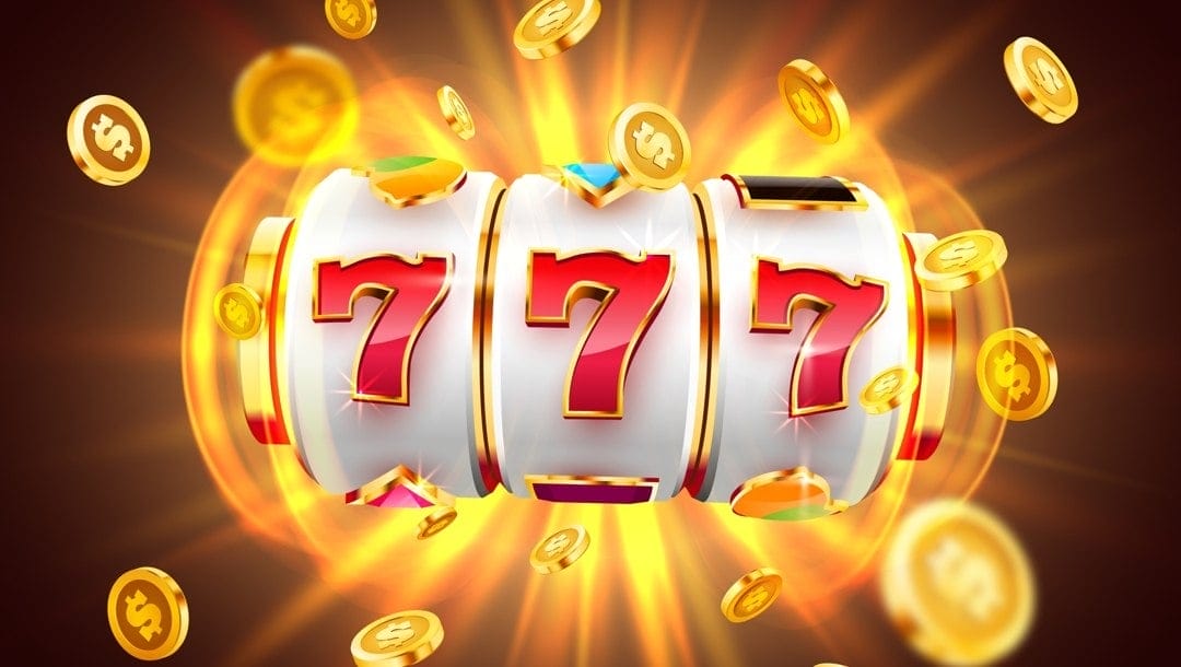 A 3D slot reel with three red 7s surrounded by golden light and flying golden coins.