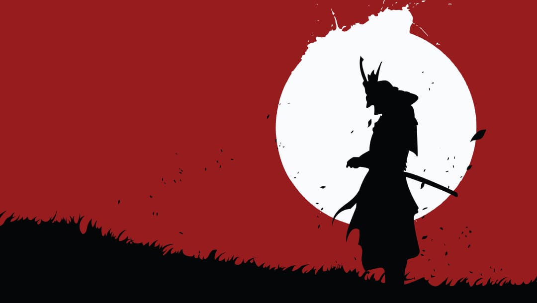 A samurai warrior silhouette set against a bold red and white background, with a large moon or sun behind them.