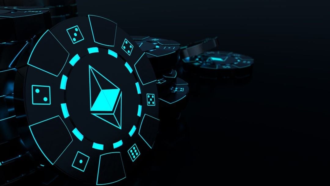 3D illustration of a neon cryptocurrency gambling chip.