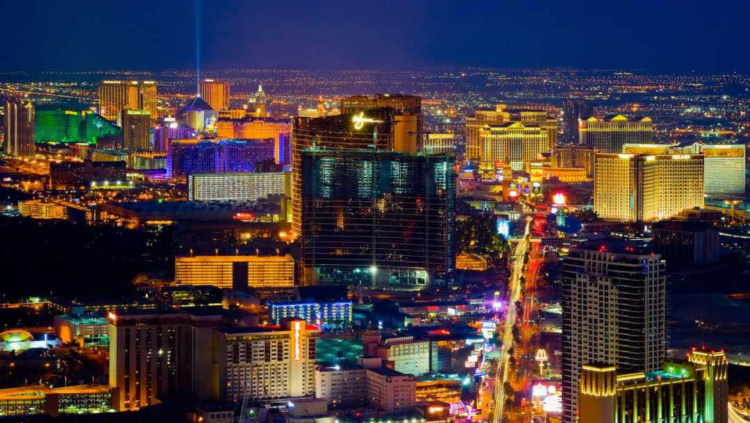 Aerial view of Las Vegas at night.