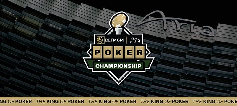 A banner image for the BetMGM Poker Championship at the ARIA. A photo of the hotel’s sign is in the background, with the event logo in front.