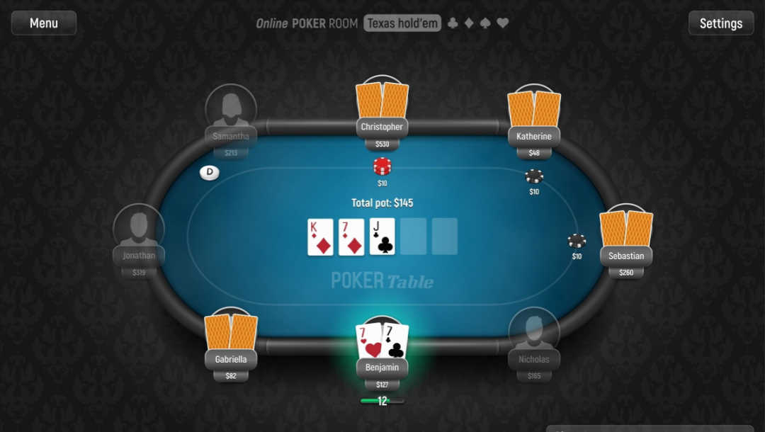 An online poker table with active players.