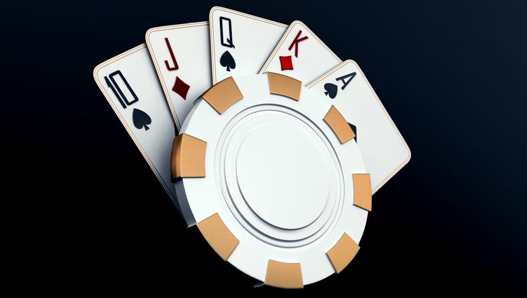 A white and gold 3D poker chip. Behind the poker chip is a straight with a 10 of spades, jack of diamonds, queen of spades, king of diamonds and an ace of spades.