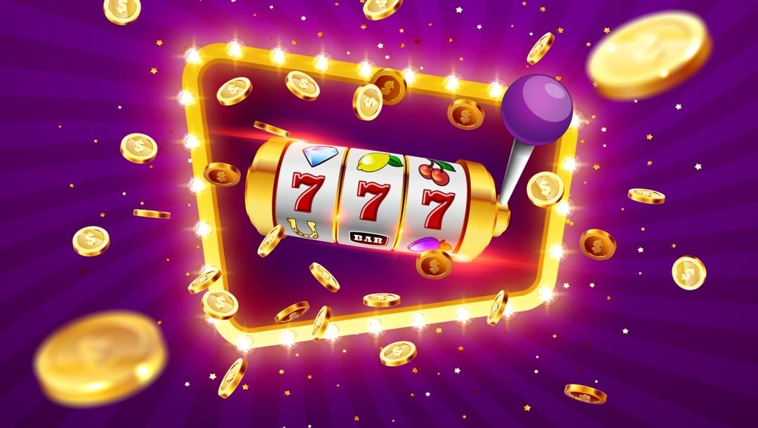 An illustration of a slot reel with three sevens on it and a slot lever. It is surrounded by bright lights and flying gold coins.