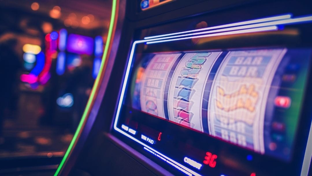 close up of a spinning slot machine in a casino