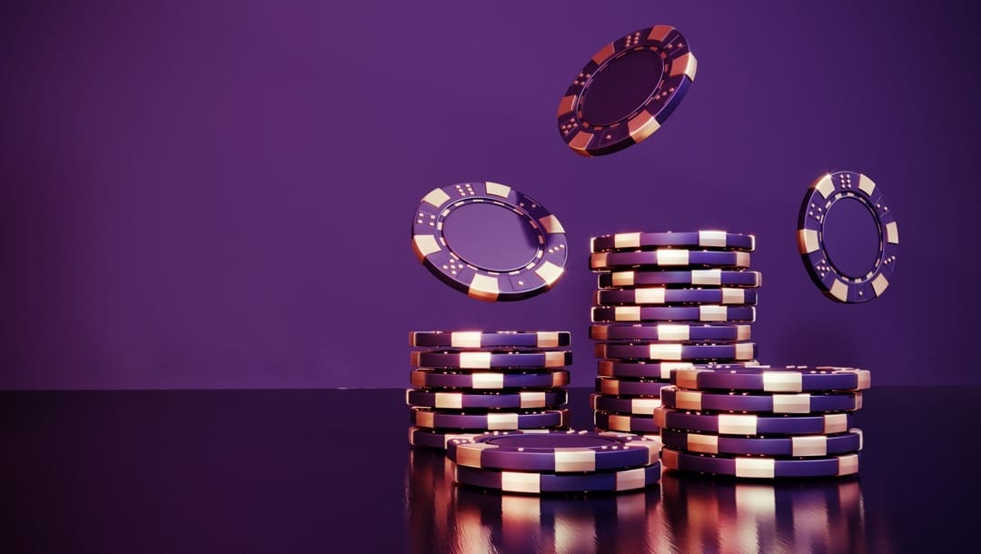 A 3D-rendered image of three purple and gold casino chips falling onto four small stacks of casino chips.