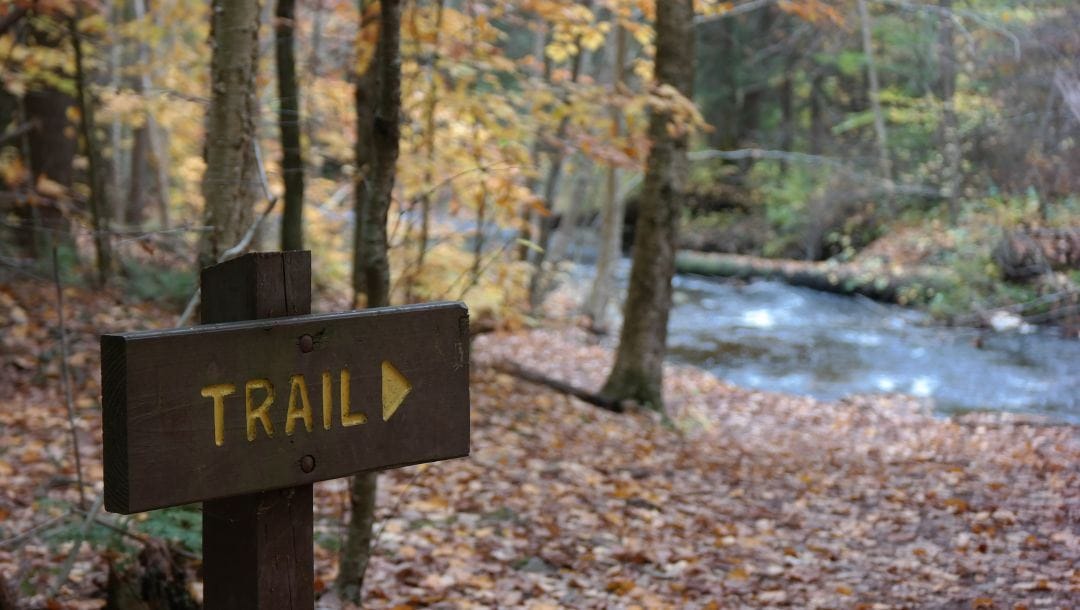 trail sign at the Falls Trail in Ricketts Glen State Park, Benton, PA, USA