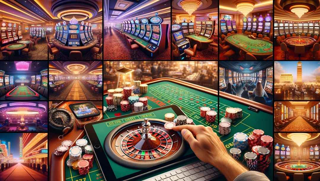 Multiple casino rooms with slot machines and roulette wheel