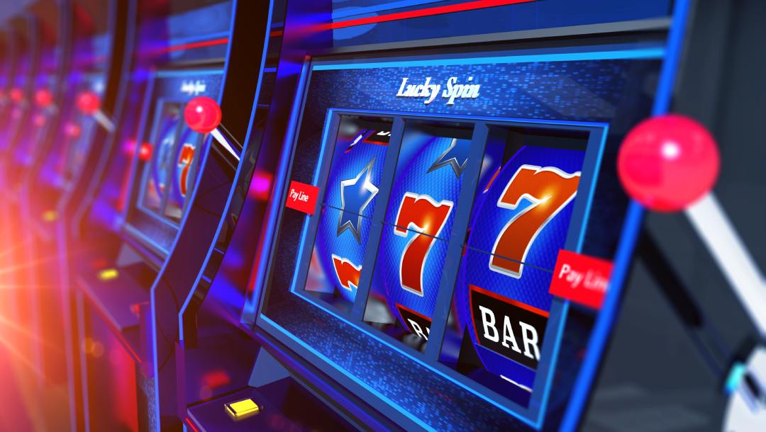 A row of slot machines with the BAR and 7 symbols.