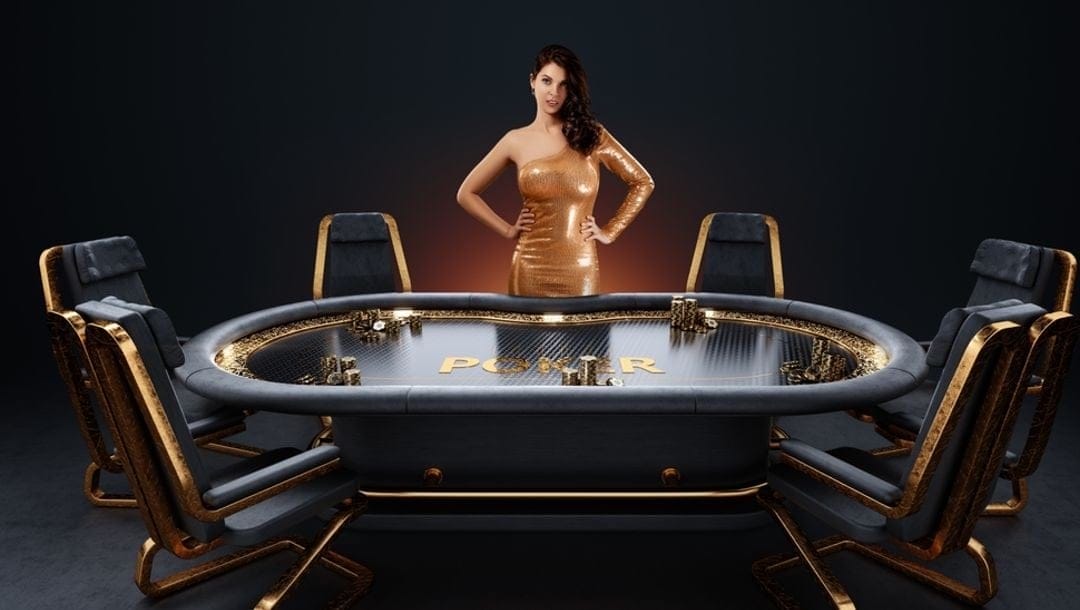 A glamorous casino dealer standing in front of an exclusive poker table.