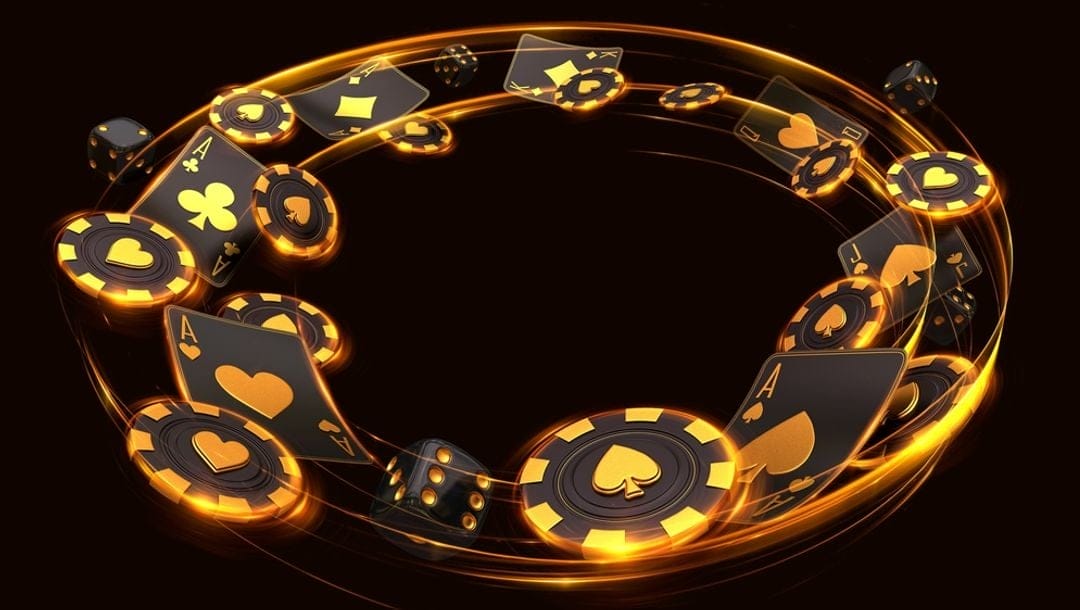 Swirling black and gold casino chips, cards and dice.