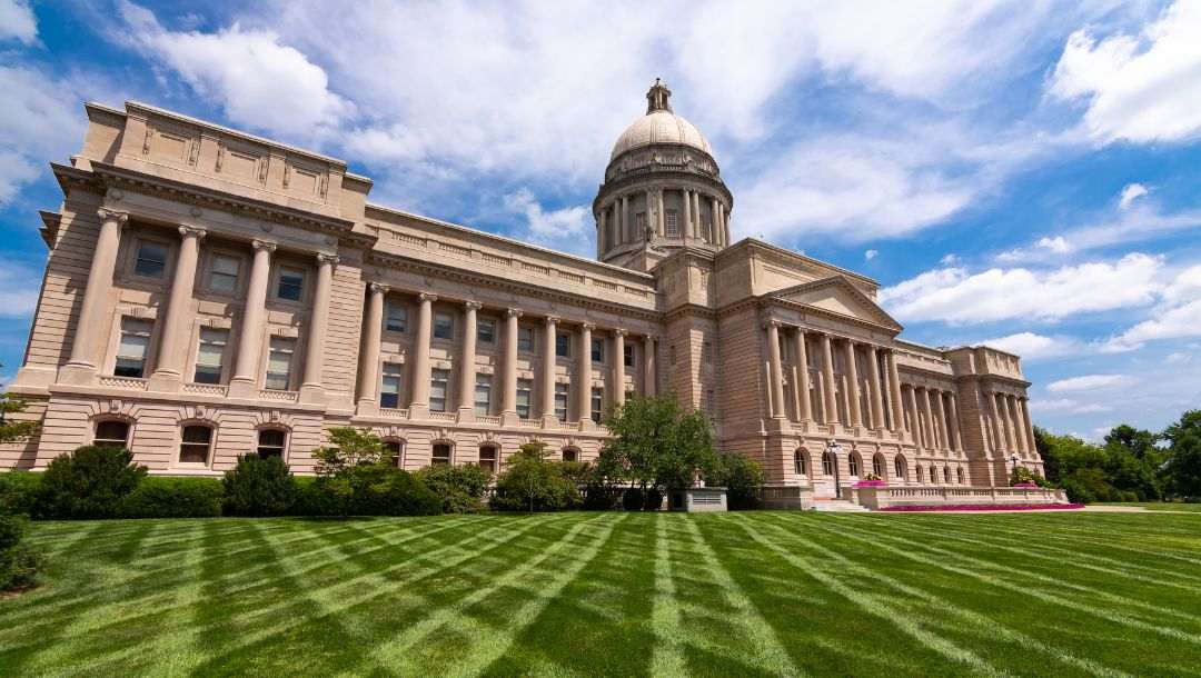 Exterior of the Kentucky State Capitol building on a summer afternoon in Frankfort, Kentucky, USA