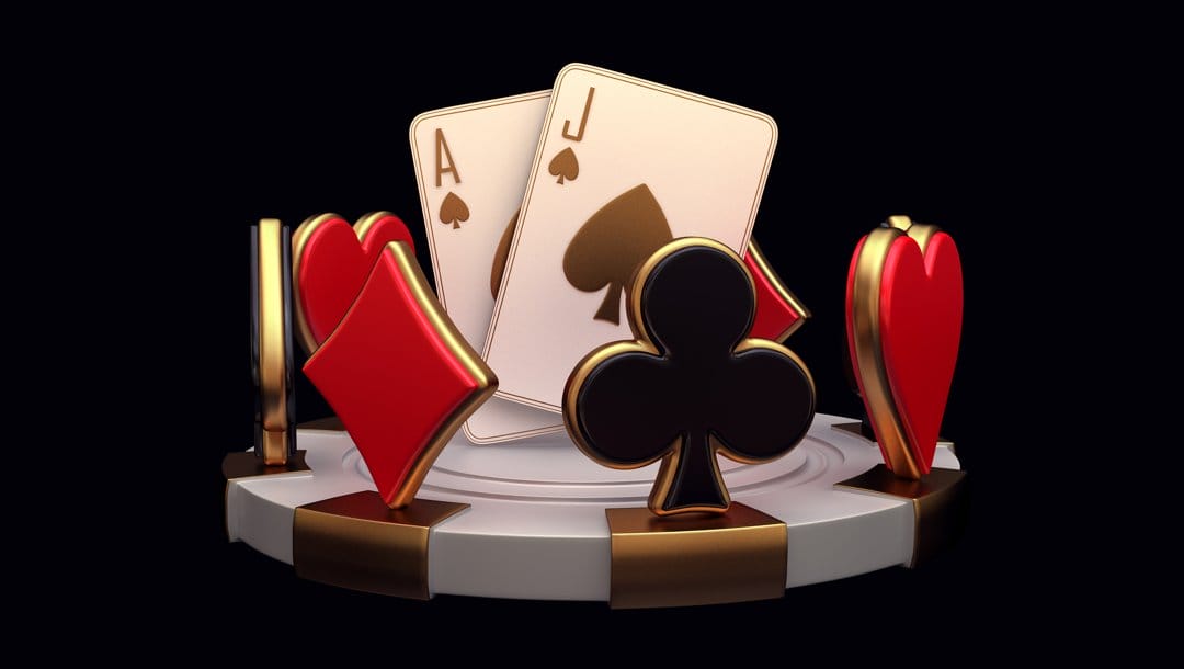 A 3D-rendered image of an ace and jack floating above a casino chip, surrounded by the suite symbols for playing cards.