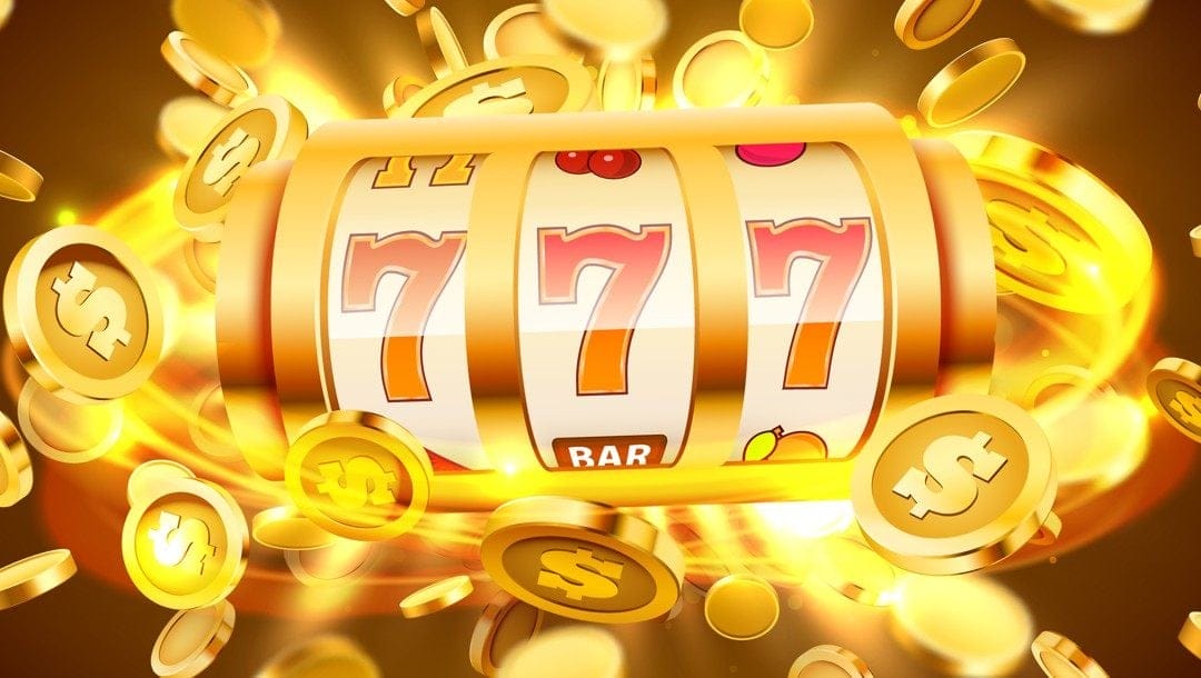 A gold slot reel with three red and gold 7s surrounded by gold coins.