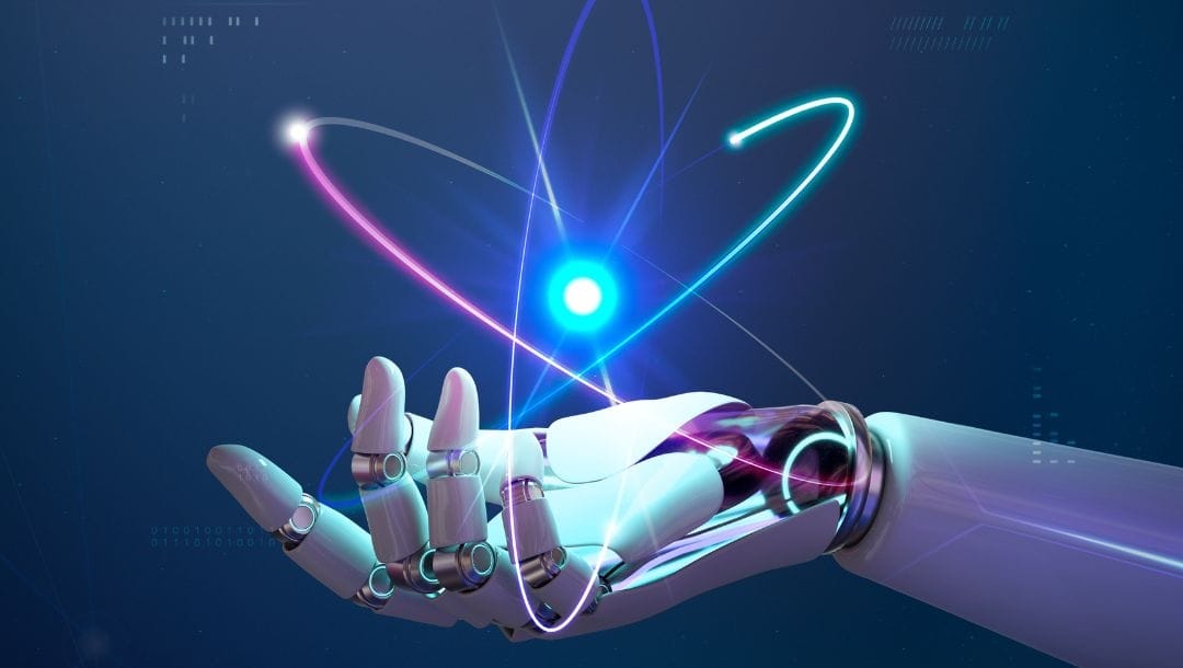a robotic arm and hand with its palm facing up and a nebula light orb above it