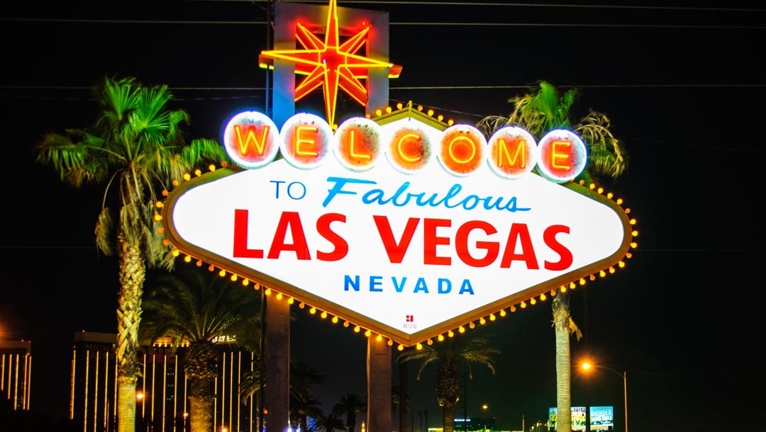 The “Welcome to Fabulous Las Vegas” sign at night.