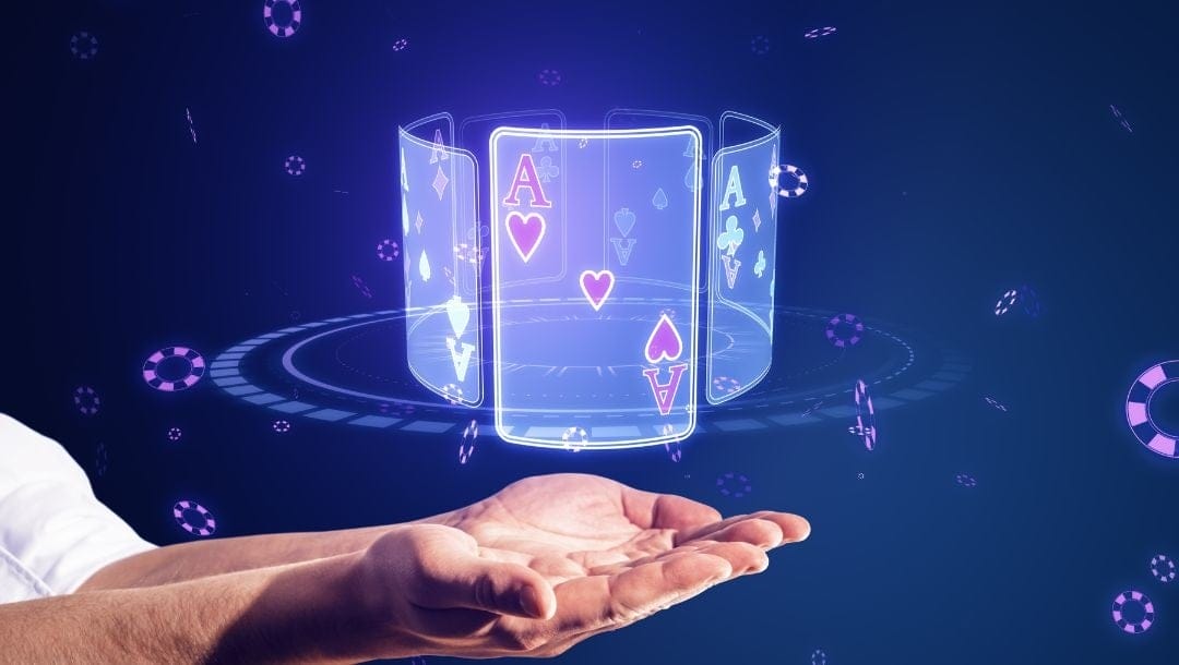 a person has their hands out with their palms facing upwards, above them is a digital casino concept of ace playing cards and poker chips lit up
