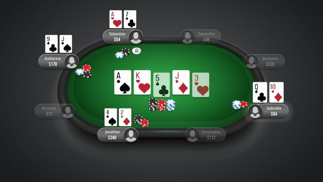 An online poker game table with a game in progress.