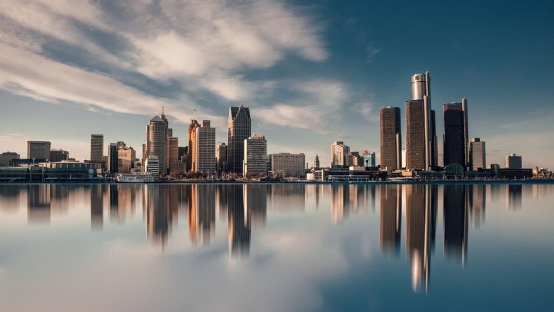 The Detroit skyline at dusk.