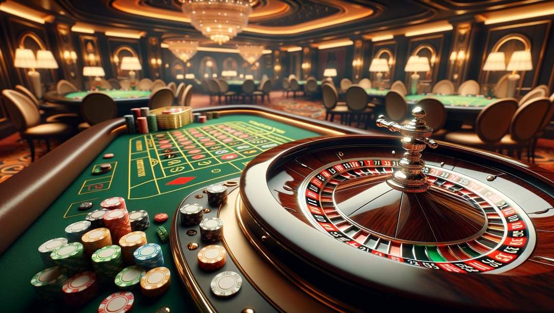 Multiple roulette tables in a casino room with a chandelier in the center