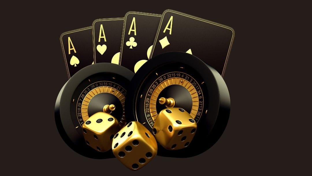 A black and gold digital image showing three six-sided dice, two roulette wheels, and one Ace card in each suit.