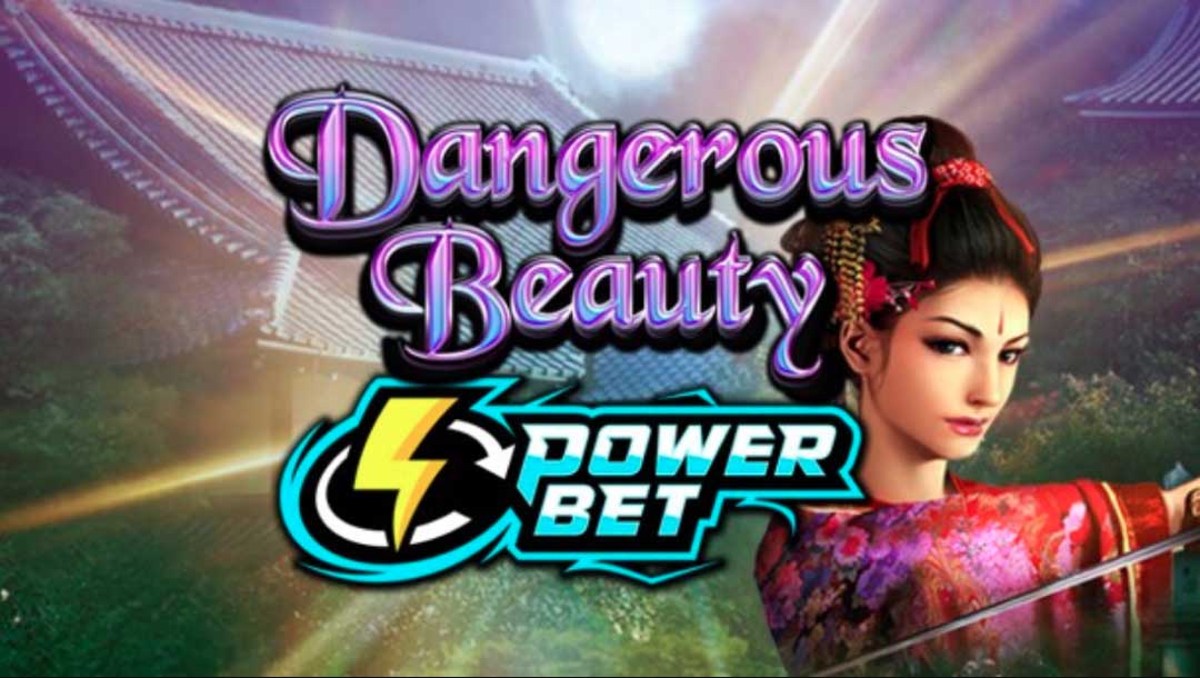 Dangerous Beauty Power Bet online slot logo in focus against a blurred brown background.