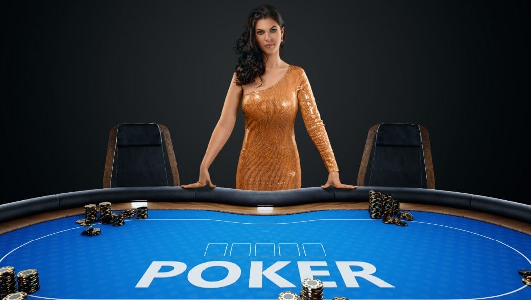 A croupier standing in front of a blue felt poker table.